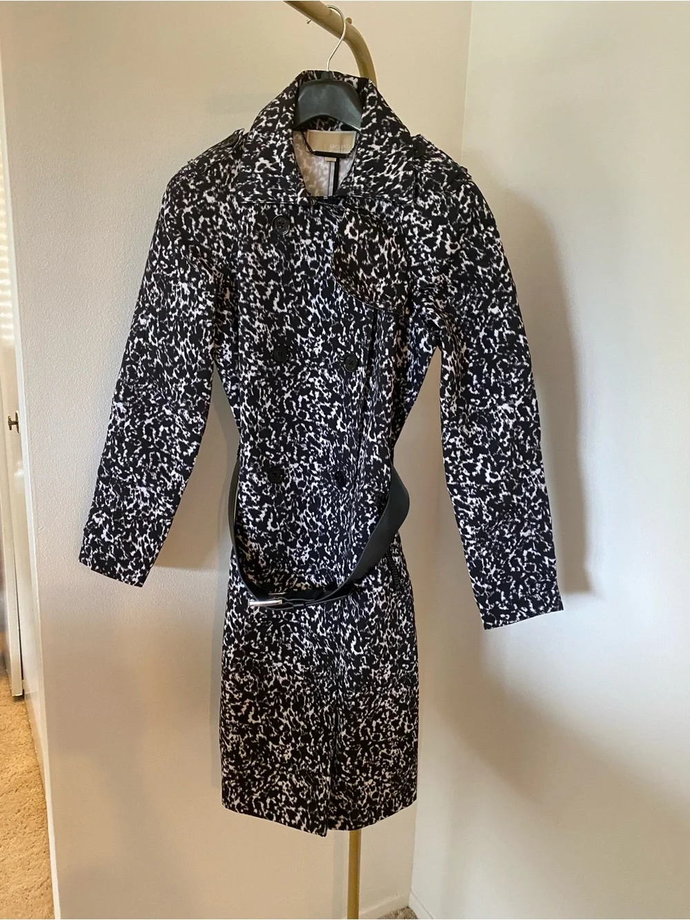 Michael Kors Black White Abstract Print Belted Trench Coat Size S